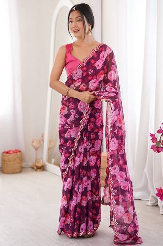 Wine color beautiful floral print designer ethnic saree