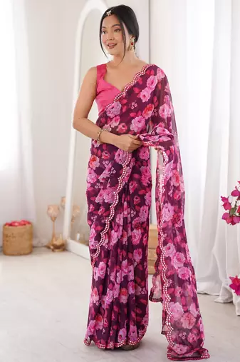 Wine beautiful floral print designer ethnic saree