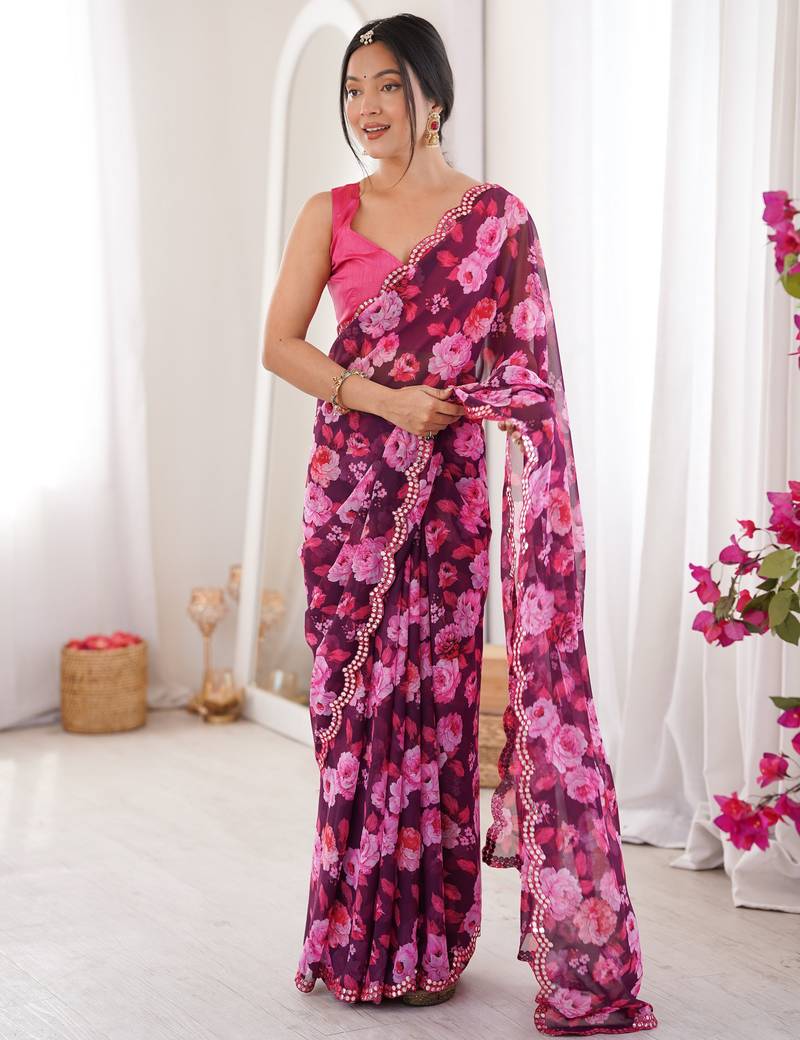 Wine color beautiful floral print designer ethnic saree