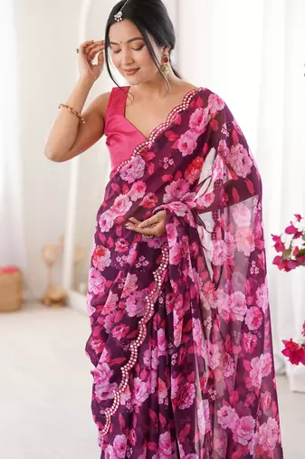Wine floral print ethnic saree