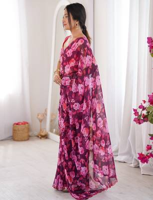 Wine floral print ethnic saree 4