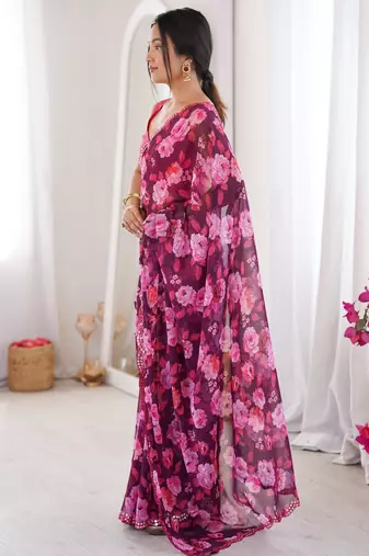Wine floral print ethnic saree