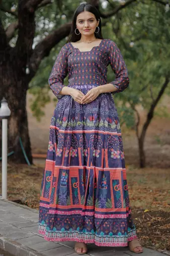 Printed chanderi cotton gown