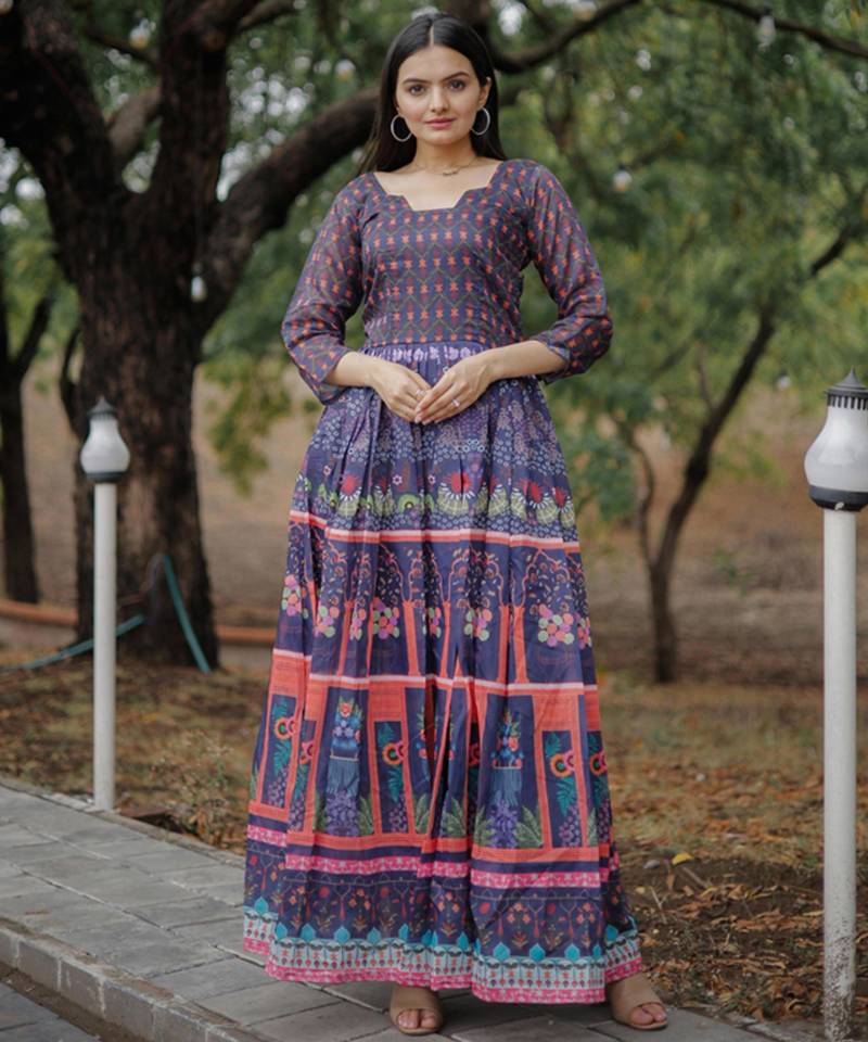 Printed chanderi cotton gown