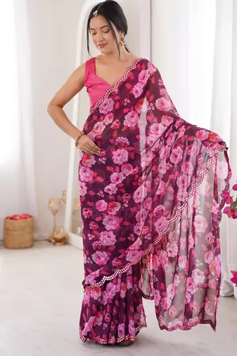 Wine floral print ethnic saree
