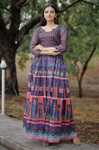 Printed chanderi cotton gown
