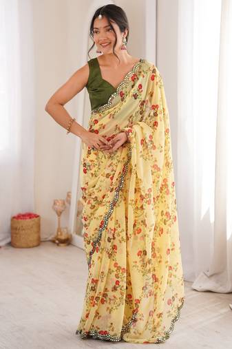 Yellow color beautiful floral print designer ethnic saree