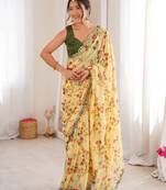 Yellow beautiful floral print designer ethnic saree