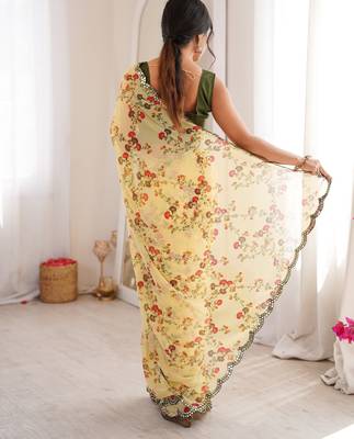 Yellow floral print ethnic saree 2
