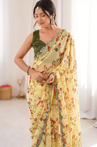Yellow floral print ethnic saree
