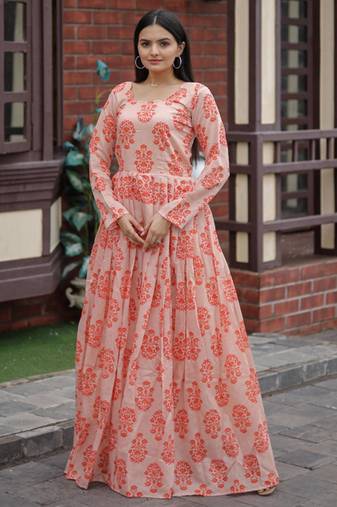 Printed chanderi cotton gown