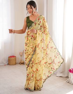 Yellow floral print ethnic saree 4