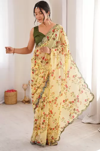 Yellow floral print ethnic saree