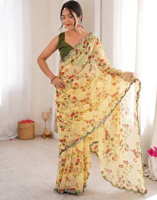 Yellow floral print ethnic saree 5