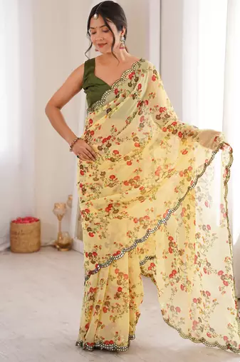 Yellow floral print ethnic saree