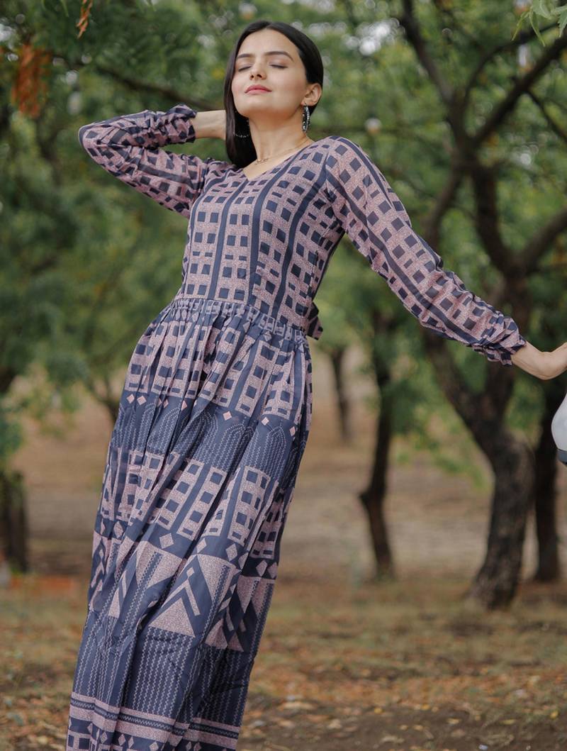 Printed chanderi cotton gown