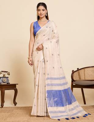 Beige linen silk blend sophisticated ethnic saree 1