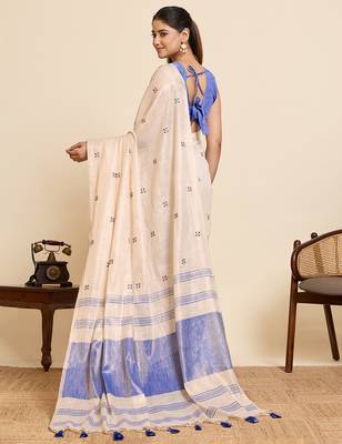 Beige linen silk blend sophisticated ethnic saree 2