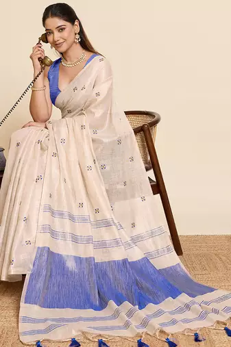 Beige linen silk blend sophisticated ethnic saree