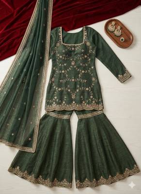 green silk blend embroidered sharara set with dupatta 5