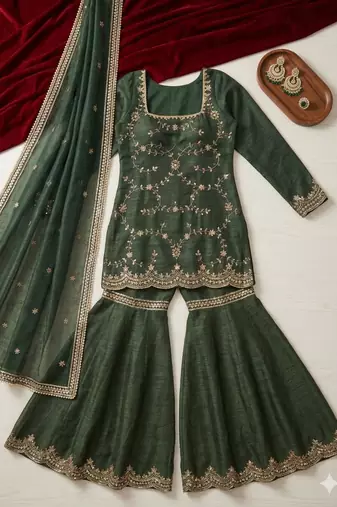 green silk blend embroidered sharara set with dupatta