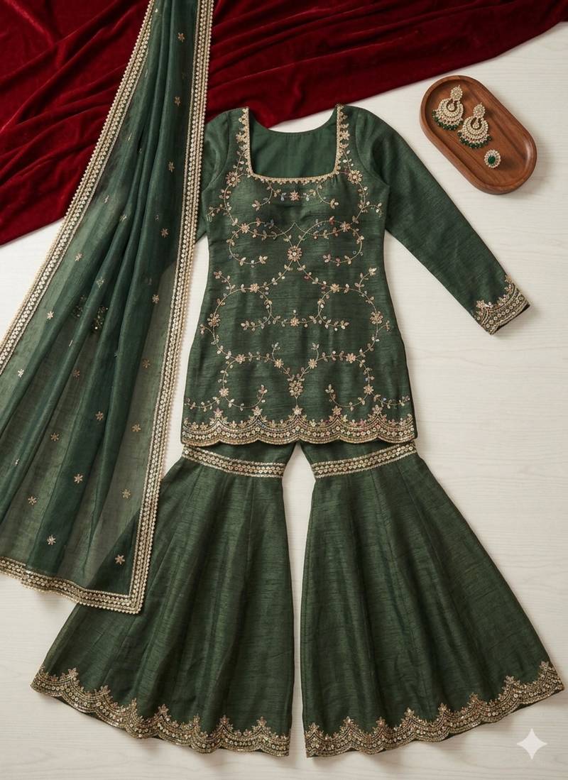 green silk blend embroidered sharara set with dupatta