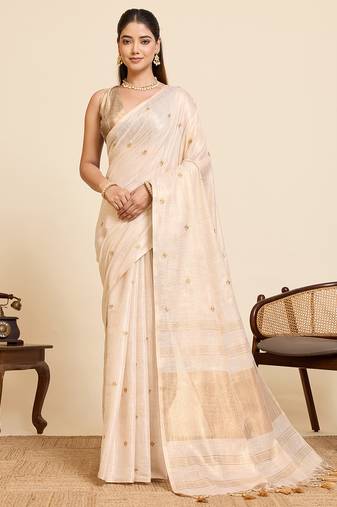 Beige color linen silk beautiful sophisticated ethnic saree
