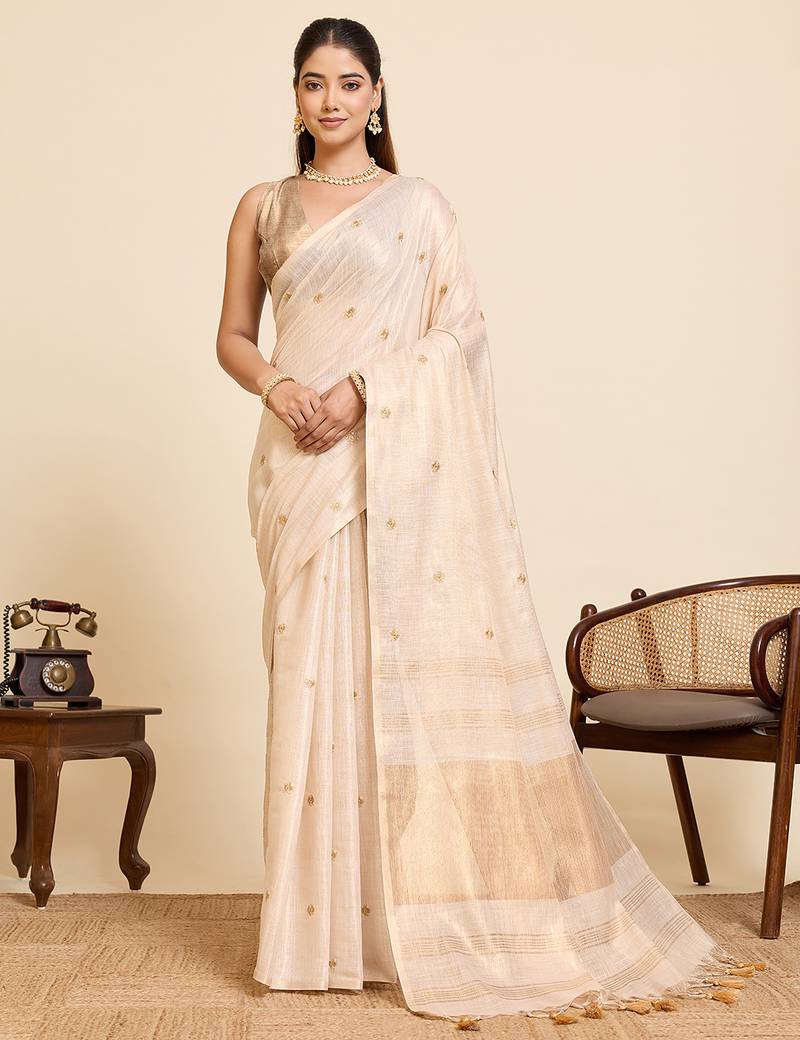 Beige color linen silk beautiful sophisticated ethnic saree