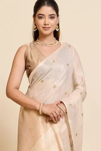 Beige linen silk blend sophisticated ethnic saree