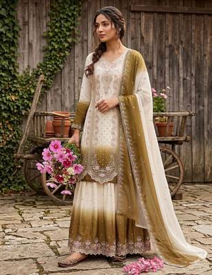 Brown&white georgette readymade suit with embroidered thread  1