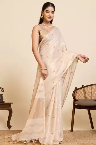 Beige linen silk blend sophisticated ethnic saree