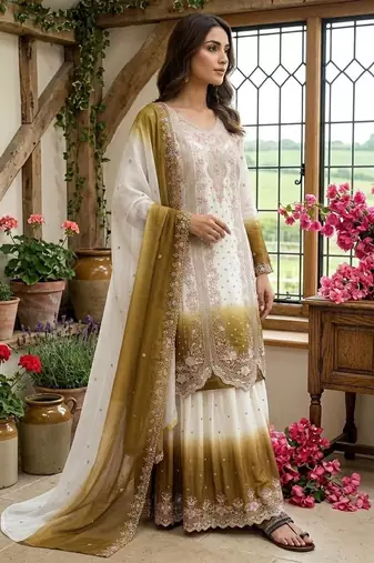 Brown&white georgette readymade suit with embroidered thread 
