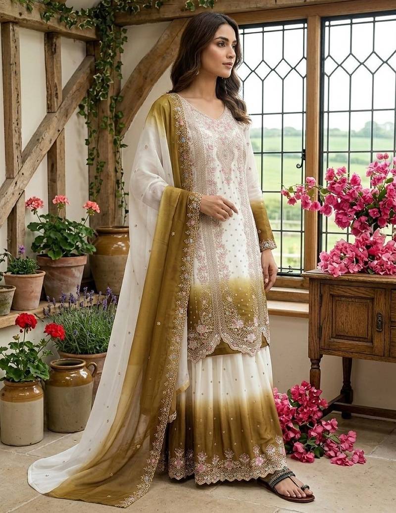 Brown&white georgette readymade suit with embroidery & thread work