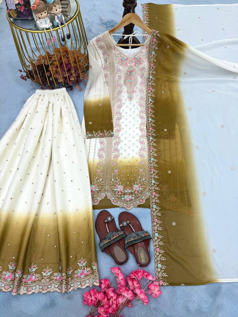 Brown&white georgette readymade suit with embroidery & thread work