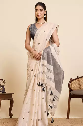 Beige linen silk blend sophisticated ethnic saree