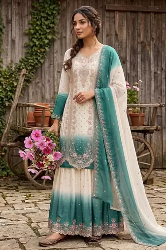 Blue&white georgette readymade suit with embroidery & thread work