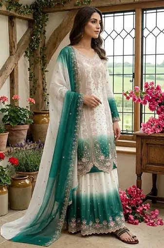 Blue&white georgette readymade suit with embroidered thread 