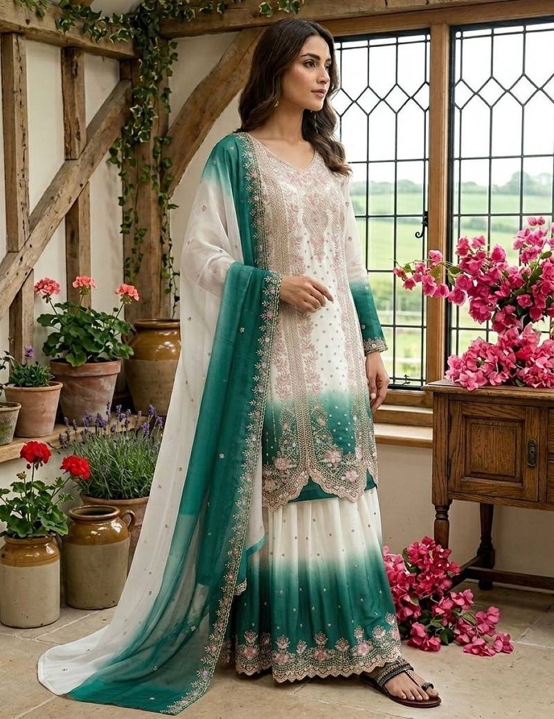 Blue&white georgette readymade suit with embroidery & thread work