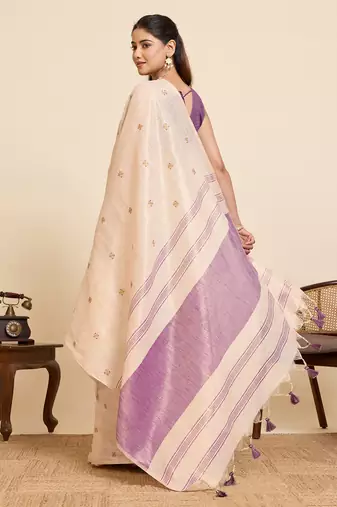 Beige linen silk blend sophisticated ethnic saree