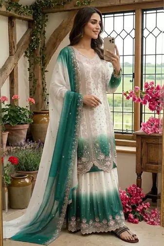 Blue&white georgette readymade suit with embroidered thread 