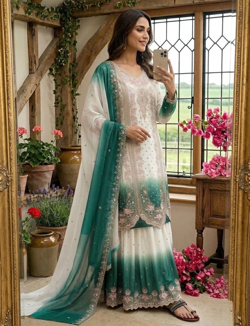 Blue&white georgette readymade suit with embroidery & thread work