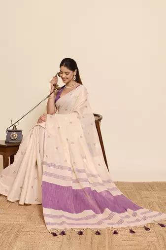 Beige linen silk blend sophisticated ethnic saree