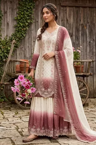 Pink&white georgette readymade suit with embroidery & thread work