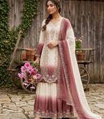 Pink&white georgette readymade suit with embroidery & thread work