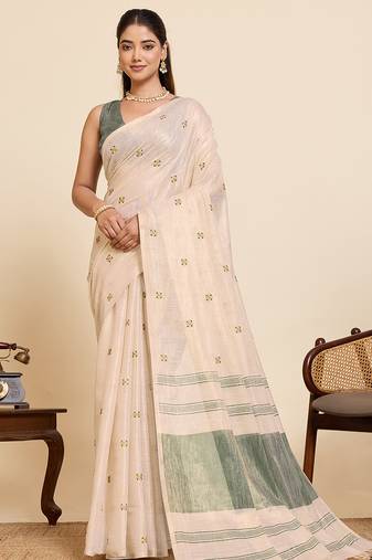 Beige color linen silk beautiful sophisticated ethnic saree