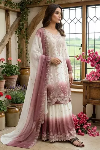 Pink&white georgette readymade suit with embroidered thread 