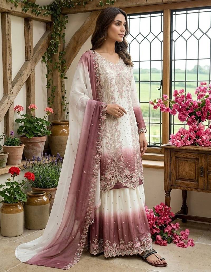 Pink&white georgette readymade suit with embroidery & thread work