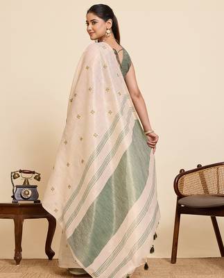 Beige linen silk blend sophisticated ethnic saree 2