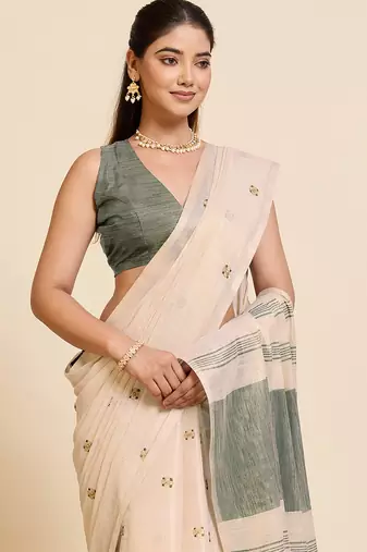 Beige linen silk blend sophisticated ethnic saree
