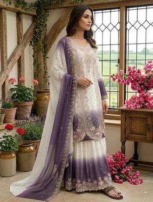 Lavender&white georgette readymade suit with embroidered thread  1